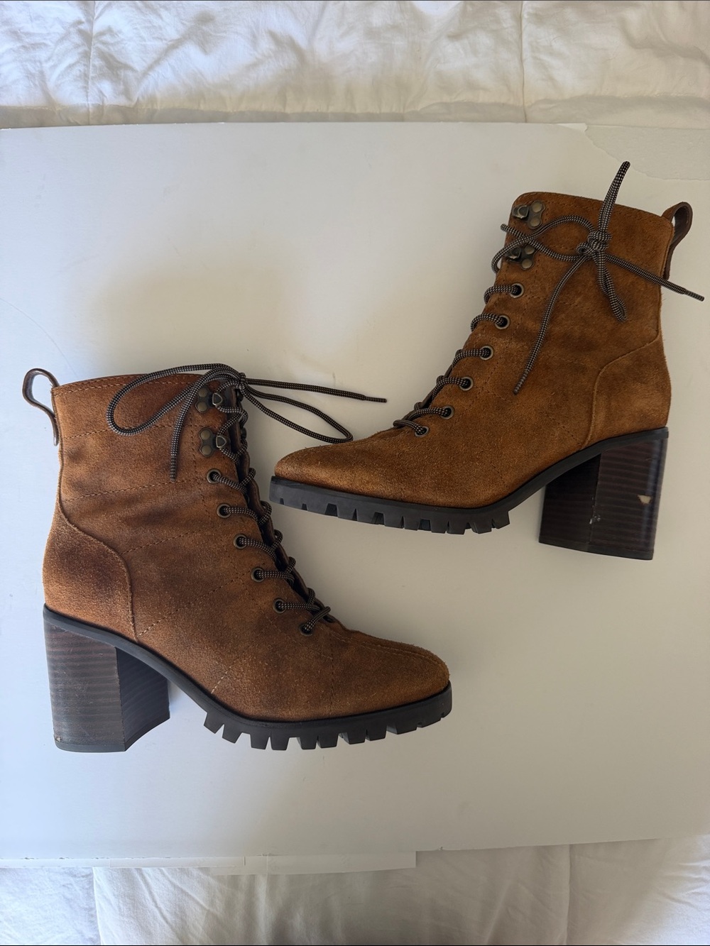Paige Christie Suede Ankle Heeled Combat Boots in Caramel Brown Size 8